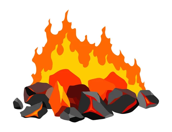 石炭を燃やせ 石炭ヒープ上の現実的な明るい炎の火災 グリル炎暖炉 ホット炭素や輝く炭のイメージのためのクローズアップベクトルイラスト — ストックベクタ