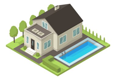 Isometric cottage. Suburb house composition with swimming pool and lawn vector illustration. Infographic element representing suburban building. Private house enterprises of real estate.