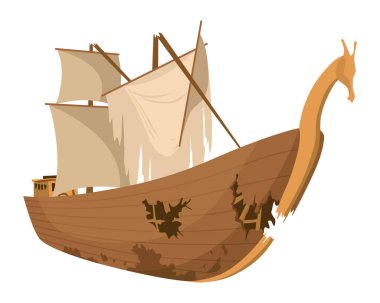 Broken ship icon. Cartoon wooden battered ship with tattered flag and sails after wreck or attack. Destroyed, wreck ship isolated on white background.