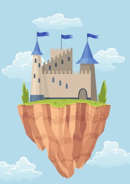 Uçan ada peri masalı şatosu. Kuleleri, vektör ortaçağ kalesi ya da kalesi olan karikatür fantezi sarayı. Gökyüzünde peri masalı krallığı binası.