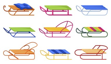 Children sledges set. Winter seasonal classic childhood transport vehicle for outdoor leisure recreation. Snow wooden and metallic sledge, equipment for outdoor activities.