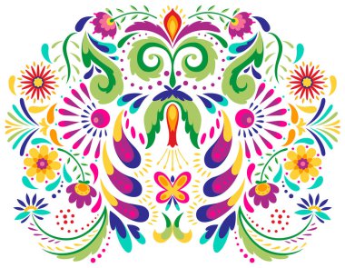 Mexican flower traditional pattern background. Ethnic embroidery decoration ornament. Flower symmetry texture. Ornate folk graphic, wallpaper. Festive mexican floral motif. Vector illustration.
