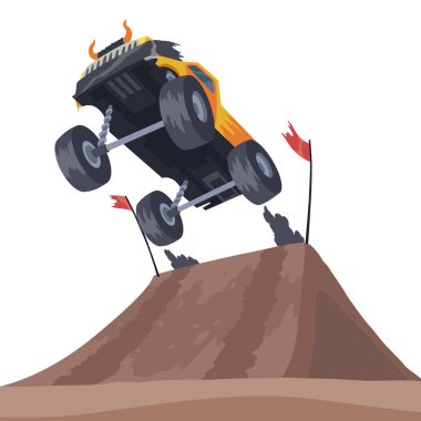 Jumping monster truck show. Bright colorful cartoon auto with big wheels. Car with large tires for rally 4x4 computer or mobile game. Vector cartoon illustration.