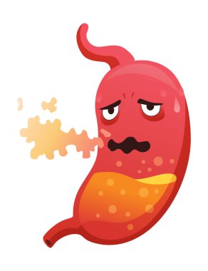 Stomach troubles icon. Sad suffering sick human stomach. Vector flat cartoon illustration design. Unhealthy stomach face character. Digestive tract with stomach ache.