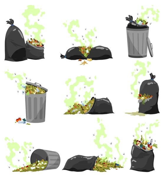 Garbage Waste Icons Metal Plastic Garbage Containers Unsorted Trash Rubbish — Stock Vector