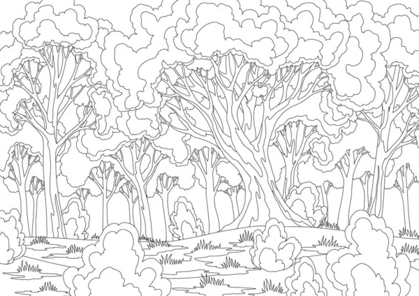 Cartoon Waldlandschaft Mit Laubbäumen Gras Sträuchern Färbung Stil Tagsüber Landschaft — Stockvektor