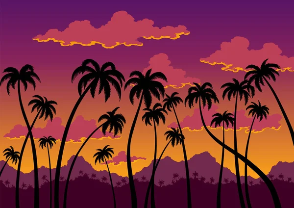 California Sunset Landscape Coast Wallpaper Black Silhouette Palm Trees Nature — Stock Vector