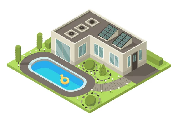Isometric Cottage Suburb House Composition Swimming Pool Lawn Vector Illustration — Vetor de Stock