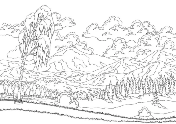 風景山 草原の牧草地や空の雲の色のスタイルで 春の夏の森の漫画フラットパノラマ 美しい自然背景 ベクターイラスト — ストックベクタ