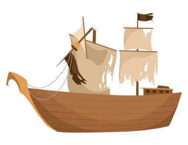 Broken ship icon. Cartoon wooden battered ship with tattered flag and sails after wreck or attack. Destroyed, wreck ship isolated on white background.