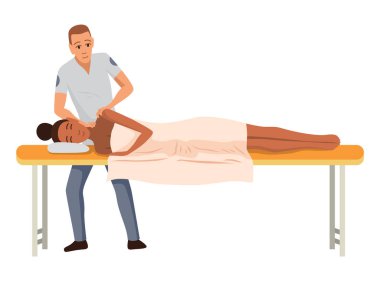 Massage therapist at work. Patient lying on couch, enjoying body relaxing treatment. Physiotherapist practicing massage, isolated cartoon characters. Flat vector illustration.