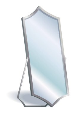 Metal çerçeve mobilyalı ev tabanı ayna ikonu. Koridor, yatak odası iç tasarım unsuru. Tam boy soyunma odası dekoru. Resimler beyaz arkaplanda izole edildi.