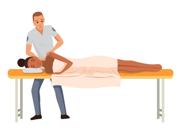 Massage Therapist Work Patient Lying Couch Enjoying Body Relaxing Treatment —  Vetores de Stock