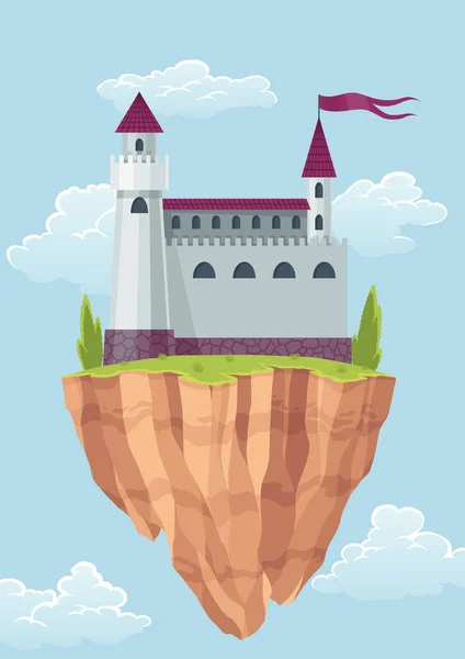 Сказочный Замок Летающем Острове Мультфильм Фантастический Дворец Каруселями Векторной Средневековой — стоковый вектор