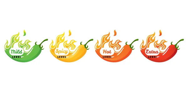 Kryddig Nivå Hot Chili Peppar Ikoner Som Med Låga Och — Stock vektor