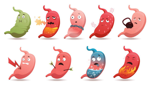 Stomach troubles icons. Sad suffering sick human stomach. Vector flat cartoon illustration design. Unhealthy stomach face character. Digestive tract with stomach ache.