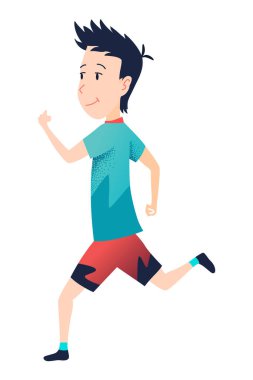Oğlu koşu ya da koşu maratonu yapıyor. Aktif ve sağlıklı bir yaşam tarzı. İnsanlar spor aktivitelerine katılıyorlar. Çizgi film izole vektör resimleme sahnesi.