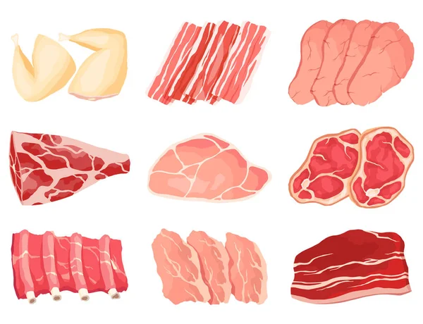 Conjunto Iconos Carne Producto Para Mostrador Carnicería Comida Supermercado Vista — Vector de stock