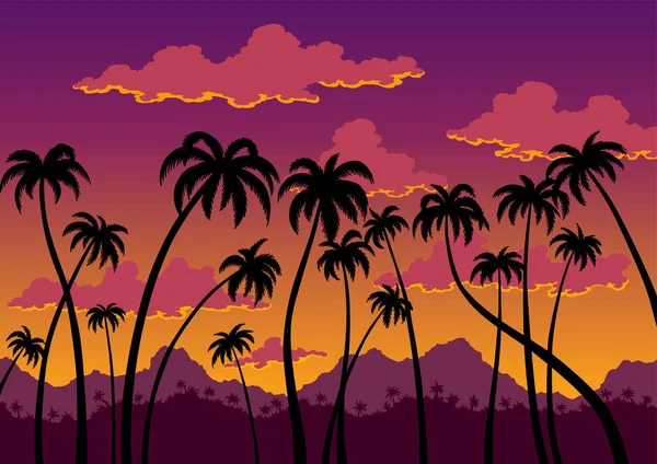 カリフォルニアの夕日の風景 黒いシルエットのヤシの木と海岸の壁紙 風光明媚なバイオレットオレンジの空 熱帯林や山の自然パノラマ ベクターイラスト — ストックベクタ