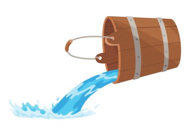 Wooden bucket with water and handle. Container with flowing water for spa, sauna. Liquid pouring with splash. Vector illustration isolated on white background. clipart