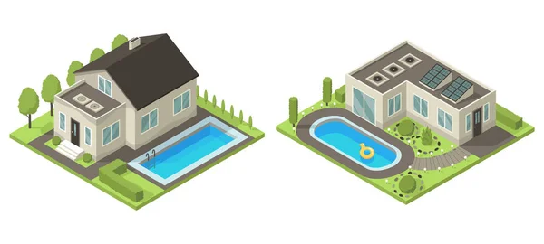 Isometrische Cottage Icoon Set Voorstad Huissamenstelling Met Zwembad Gazon Vector — Stockvector