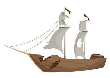 Broken ship icon. Cartoon wooden battered ship with tattered flag and sails after wreck or attack. Destroyed, wreck ship isolated on white background.