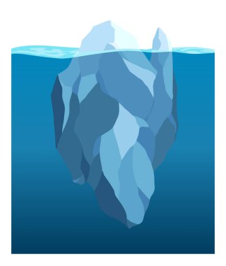 Iceberg floating in water. Arctic glacier. Futuristic polygonal illustration on blue background. Huge white block of ice drifts with massive underwater part.