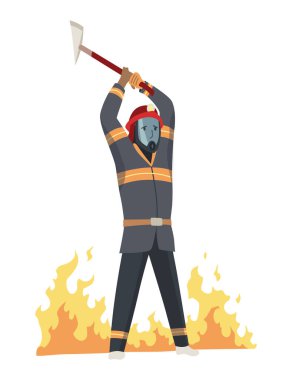 Cesur itfaiyeci iş başında. İtfaiye teşkilatından bir adam. Yüzü tamamen itfaiyeci şeklinde duruyor. Kişisel koruyucu ekipmanlarıyla. Güvenlik, kurtarma ve acil servis kavramı.