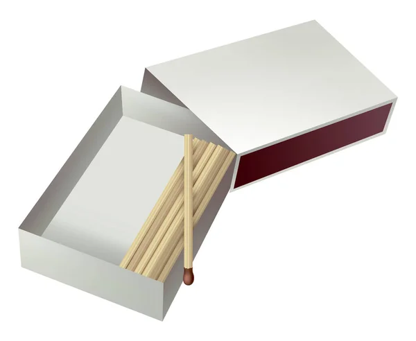 打开火柴盒硫磺和木棍放在敞开的箱子里 顶部视图和在白色背景上孤立的等距投影矢量图解 — 图库矢量图片