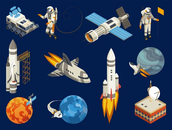 Raumschiff Isometrisch Weltraumelemente Mit Erde Astronauten Satelliten Bilder Der Weltraumforschung — Stockvektor
