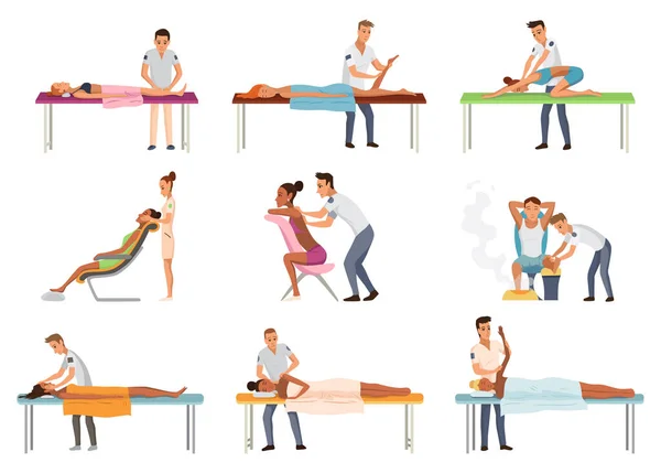 仕事中のマッサージセラピスト 患者はソファに横たわって 体のリラックスした治療を楽しんでいます 理学療法士は 異なるマッサージタイプ 孤立した漫画のキャラクターを練習します 平面ベクトルイラストセット — ストックベクタ