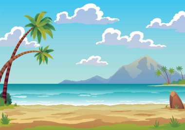 Palmiye ağaçları ve okyanusta sarı kumları olan tropik bir ada. Issız ada sahilleri, kayalar deniz suyunu çevreledi. Boş arazi ve insan yok. Tatil ya da yaz tatili için egzotik doğal manzara.