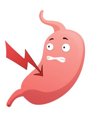 Stomach troubles icon. Sad suffering sick human stomach. Vector flat cartoon illustration design. Unhealthy stomach face character. Digestive tract with stomach ache.