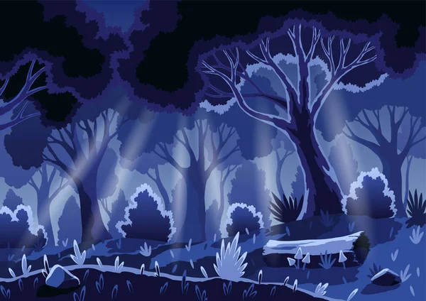 Мультфильм Ночной Лесной Пейзаж Темные Стволы Деревьев Листья Ночное Время — стоковый вектор