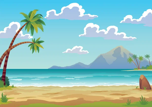 Tropický Ostrov Palmami Žlutým Pískem Oceánu Neobydlená Ostrovní Pláž Skály — Stockový vektor