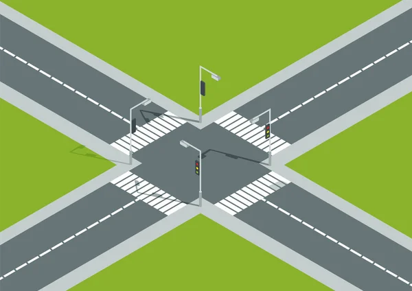 Isometrische Ansicht Von Kreuzungen Mit Fahrbahnmarkierungen Ampeln Und Zebrastreifen Stadtverkehrskarte — Stockvektor
