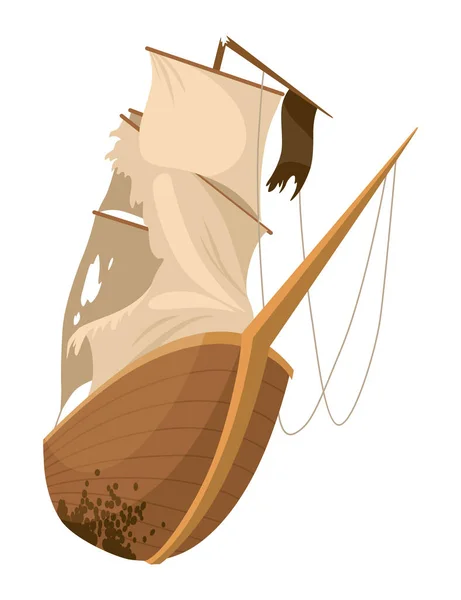 Broken Ship Icon Cartoon Wooden Battered Ship Tattered Flag Sails — Stockvector