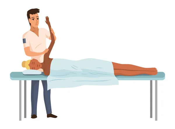 Massage Therapist Work Patient Lying Couch Enjoying Body Relaxing Treatment — Διανυσματικό Αρχείο