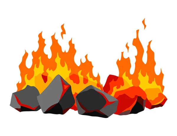 Queimar Carvão Fogo Chama Brilhante Realista Montes Carvão Ilustração Vetorial — Vetor de Stock