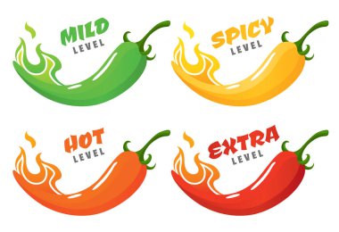 Baharat seviyesi. Sıcak kırmızı biber ikonları, ateş ve hafif, orta sıcaklıkta ve ekstra sıcak renk derecesiyle ayarlandı. Biber sosu ya da abur cubur seviyesi.