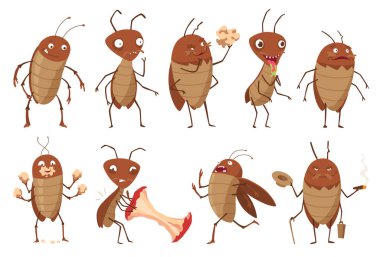 Pis hamamböceği. Kahverengi böcek koleksiyonu. Farklı sevimli parazitler, vahşi yaşam etiketleri. Çizgi film, böcek haşereleri vektör illüstrasyonu seti.