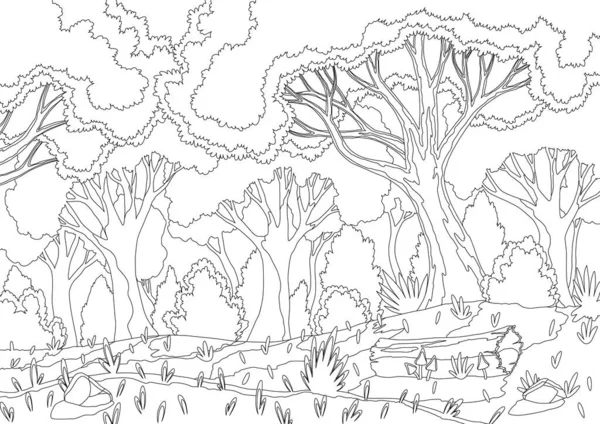 Cartoon Nacht Waldlandschaft Färbung Stil Baumstämme Und Laub Gruselige Wilde — Stockvektor
