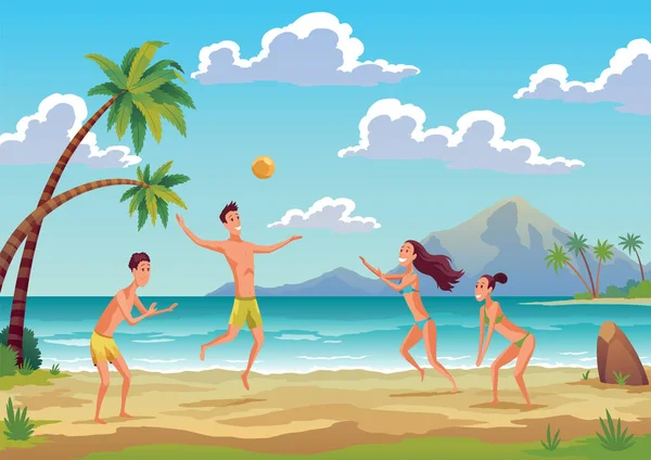 Μπιτς Βόλεϊ Cartoon Άνθρωπος Και Γυναίκα Παίκτες Χαρακτήρες Beachwear Παίζουν — Διανυσματικό Αρχείο