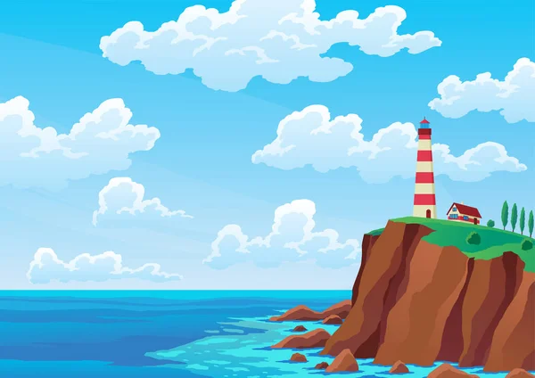 Морской Пейзаж Маяка Морская Навигационная Башня Скалистом Побережье Облачным Небом — стоковый вектор