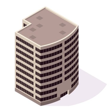 Isometric ofisler ya da iş merkezi simgesi. Şehir binası şehir haritası oluşturma. Mimari vektör 3d illüstrasyon. Bilgi elemanı. Şehir evi kompozisyonu.