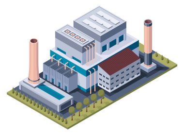 Fabrika izometrik. Üretim binasının mimarisi. Baca kulesi ya da boruları olan endüstriyel fabrika kavramı. 3d izole edilmiş simge.