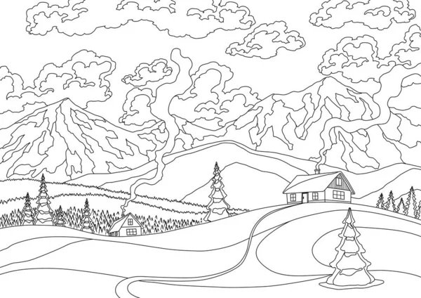 Зимовий Пейзаж Засніжені Сосни Передньому Плані Вершини Гір Пагорби Хмари — стоковий вектор