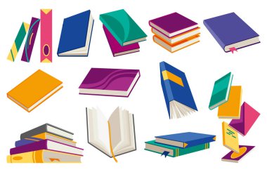 Vektör kitapları simgesi ayarlandı. Öğrenme ya da eğitim konsepti. Kitapların ya da defterlerin farklı tasarımı. Kitap okuyarak, öğrenerek ve kitaplarla eğitim alarak. Daha fazla kitap oku.