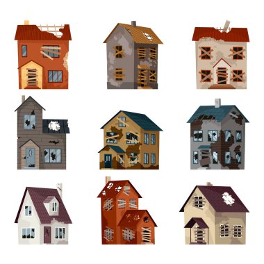 Eski yıpranmış evler ve konut koleksiyonu. Kötü durumda terk edilmiş bir ev. Hasarlı çatısı, eski püskü duvarları ve dış görünüşü olan eski, kötü binalar. İzole edilmiş bir özellik kümesi.