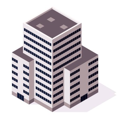 Isometric ofisler ya da iş merkezi simgesi. Şehir binası şehir haritası oluşturma. Mimari vektör 3d illüstrasyon. Bilgi elemanı. Şehir evi kompozisyonu.